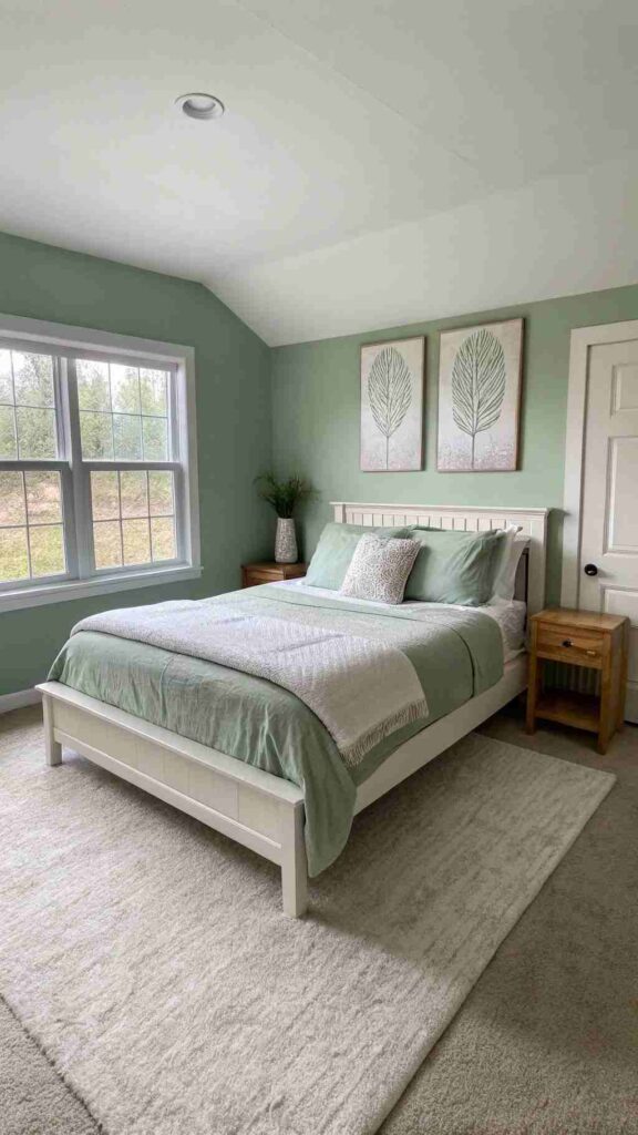 A sage green bedroom with white textiles 