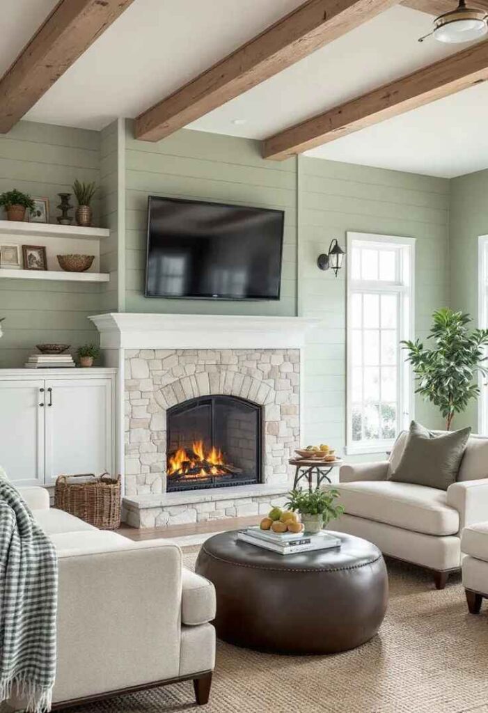 A sage green with stone fireplace and wooden floor and wooden beams on the top