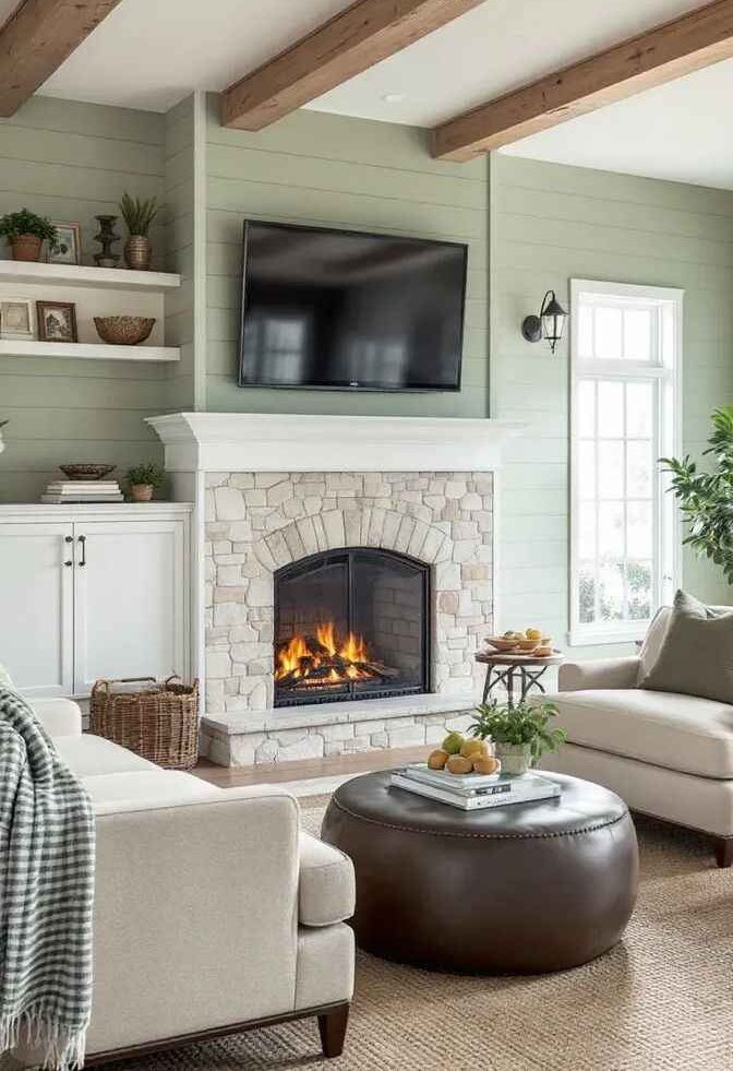Fireplace with natural stone and sage green living room.