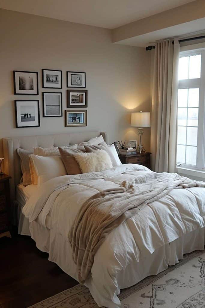 A bedroom with gallery wall and white windows
