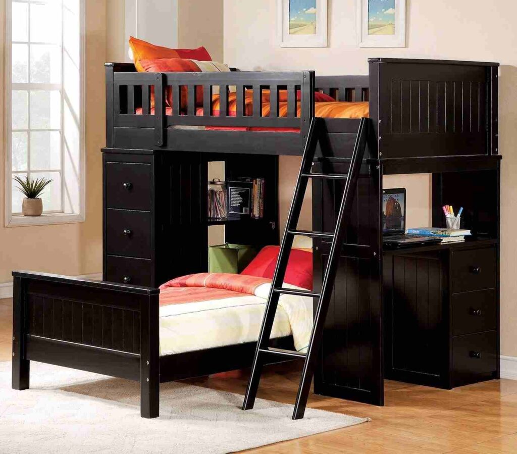 A double loft beds in wooden floor and book shelves