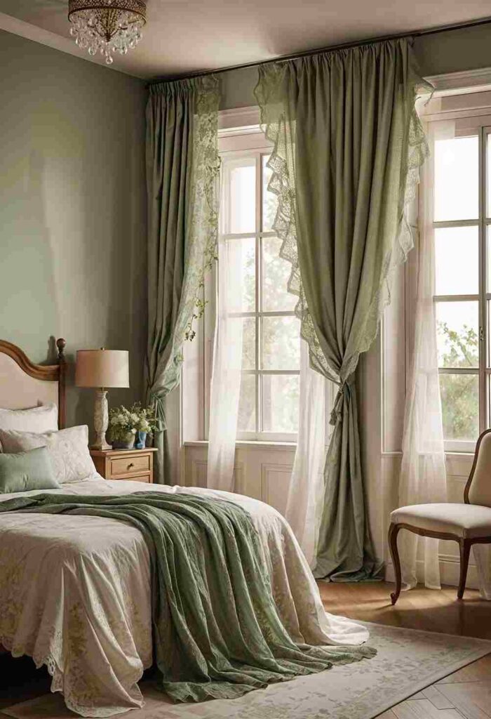 A sage green curtains and sage bedroom with windows