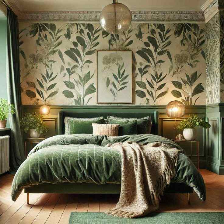 A sag green bedroom with Botanical Prints and bed with pillows