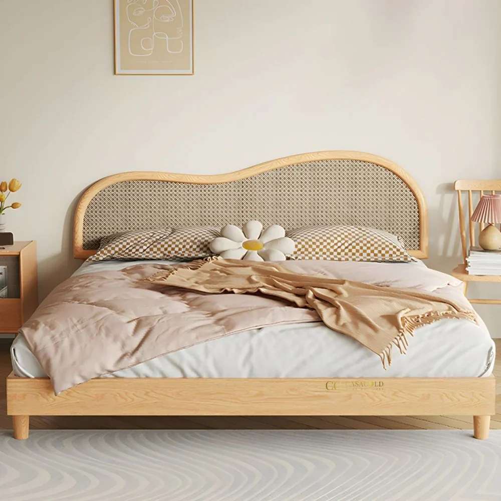 A bedroom with embrace symmetry with rattan bed frames
