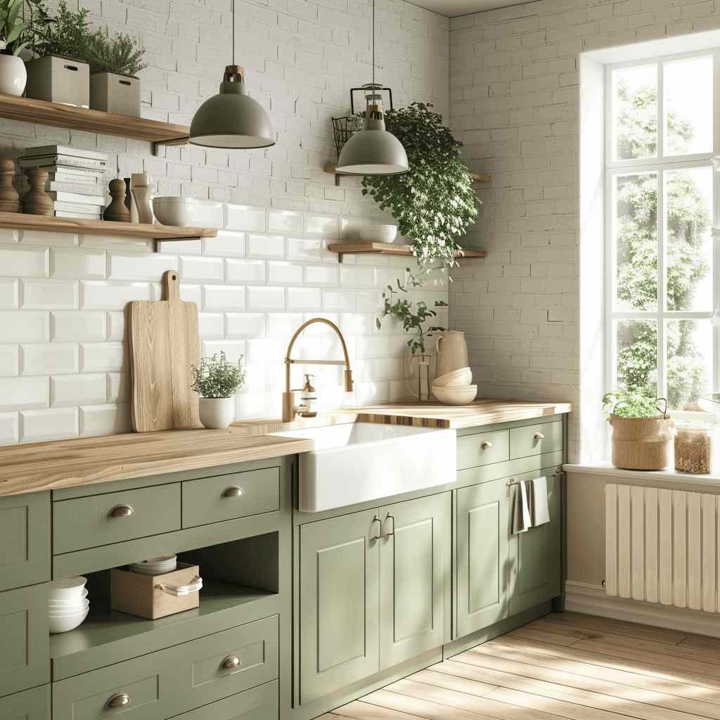 A sage green kitchen with wooden surface and white sink