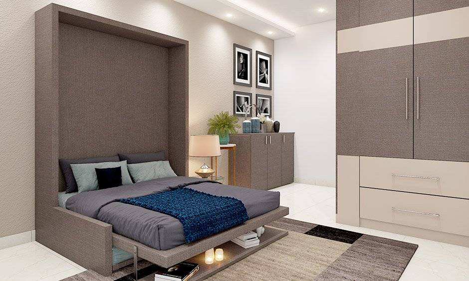 A bed with storage in bedroom and white floor and celling lights 