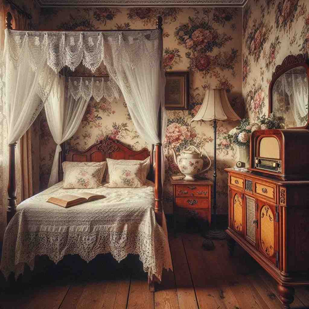 Wooden furniture and floral wallpaper on wall and lace bed canopy