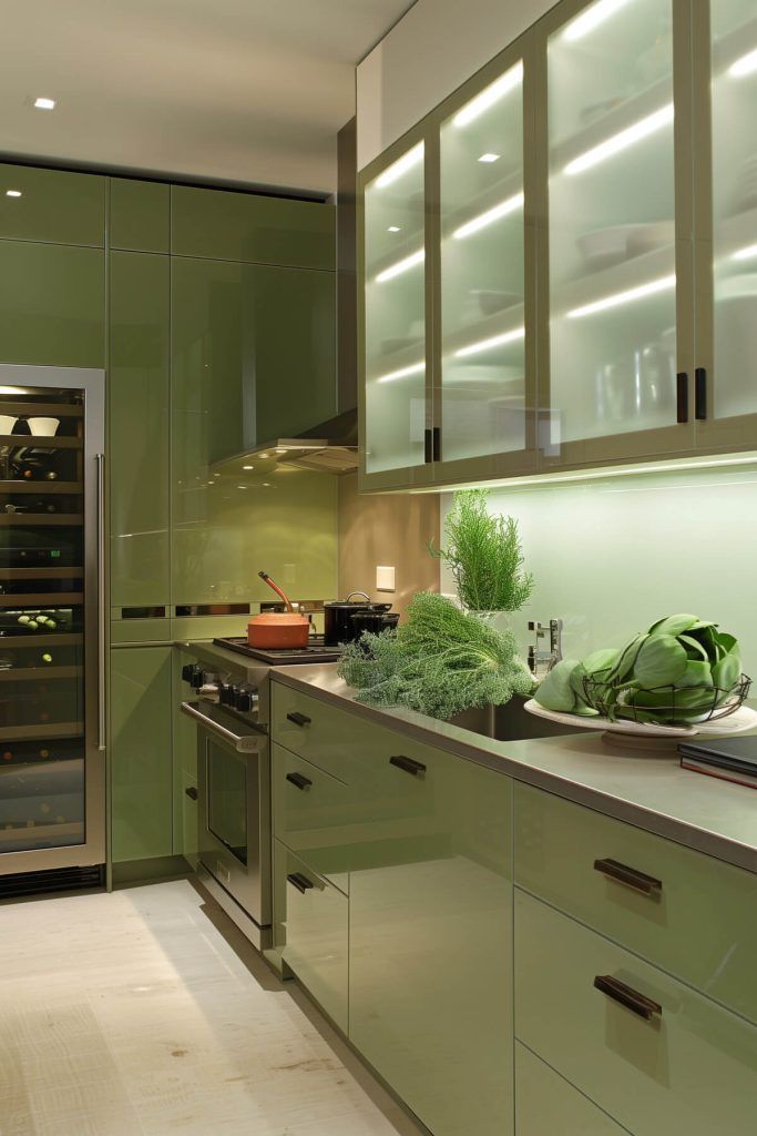 A sage green kitchen frost-glass panels