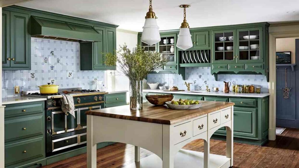 A sage green kitchen with gold accents and wooden counter on island