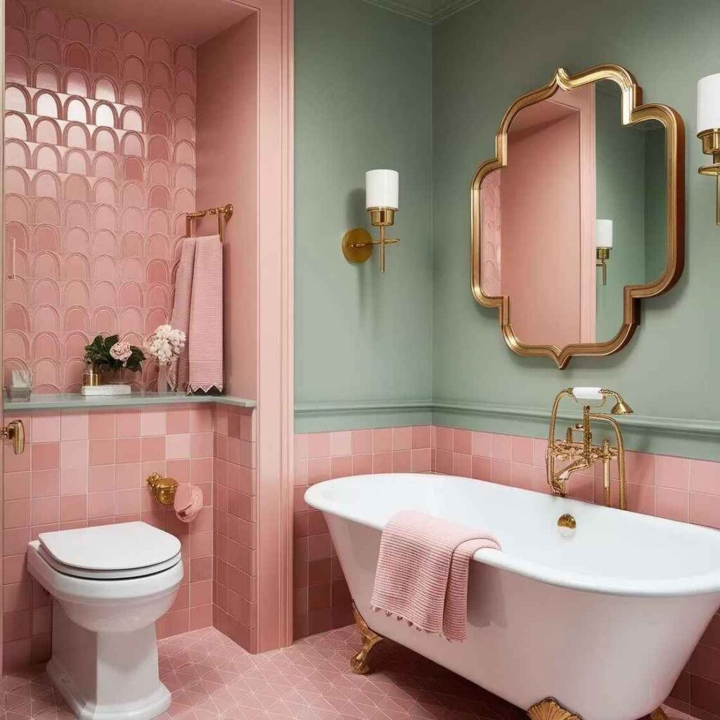 A sage green wall with pink and gold accents and and white bathtub