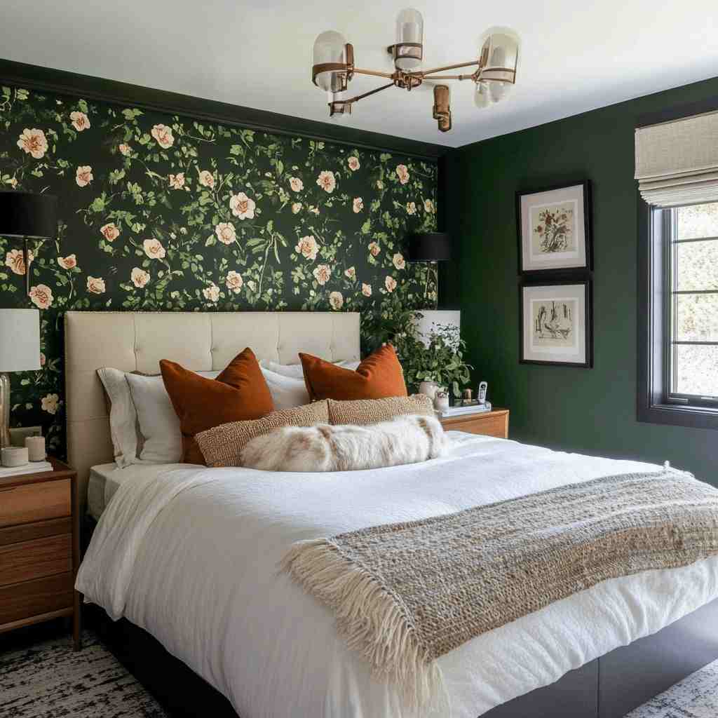 A olive green bedroom with floral wall and white blankets and pillow and windows