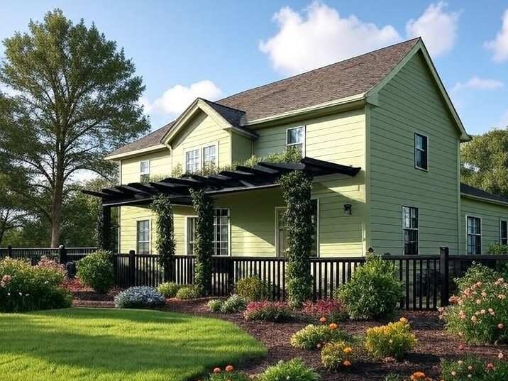 Green home with black fencing around the house and black roof