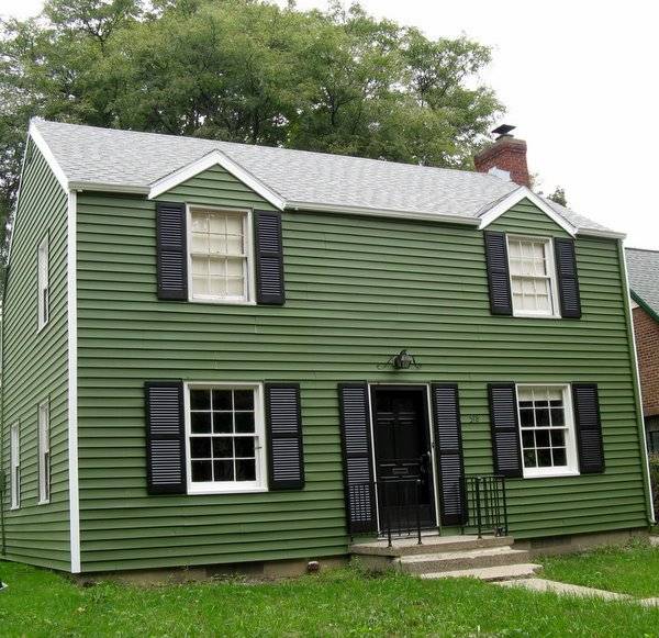Green house with white trim and black shutters