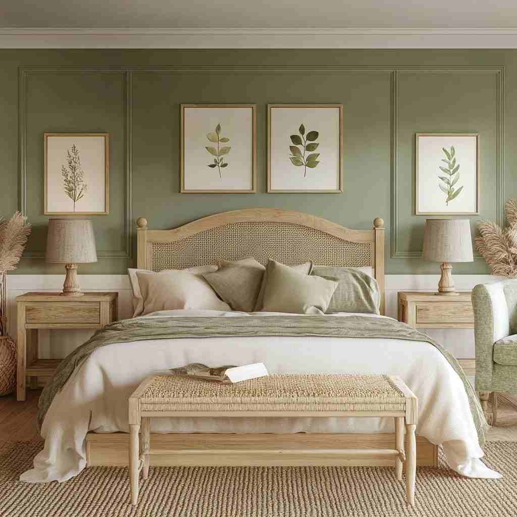A green bedroom with beige bed and frames on the wall 