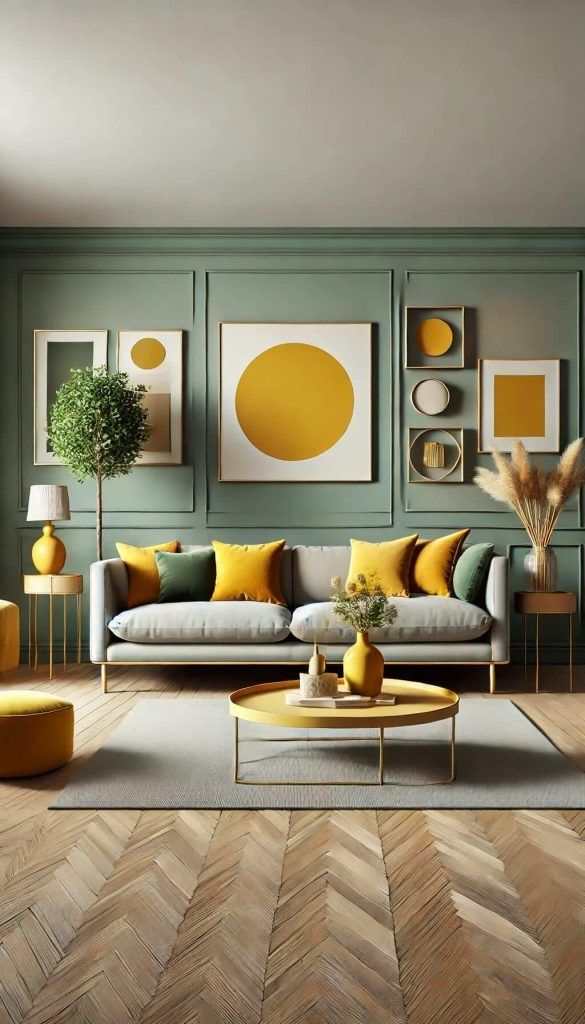 A sage green and grey room with yellow accents