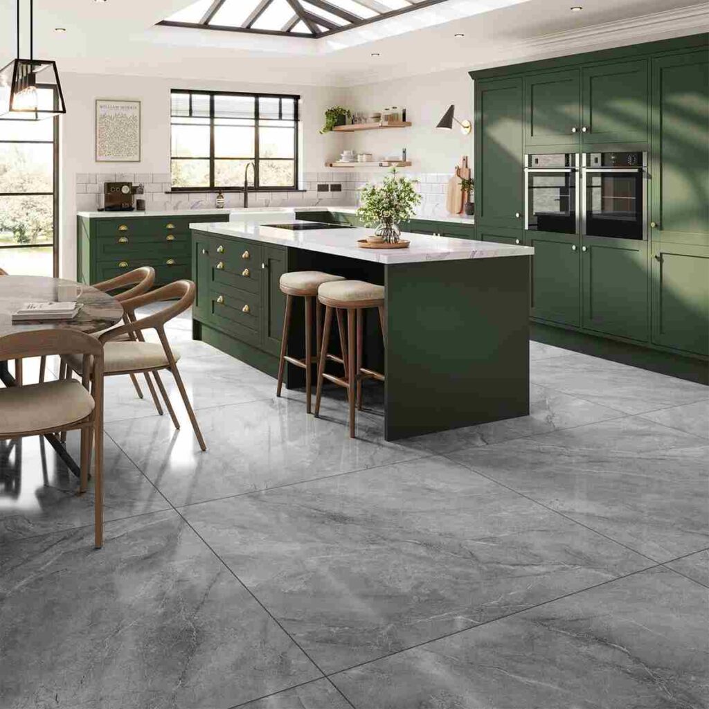 A kitchen with grey flooring with open shelves