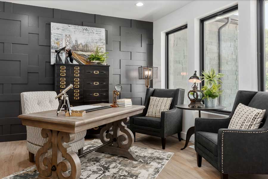 Grey wall-in home-office-with wooden desk