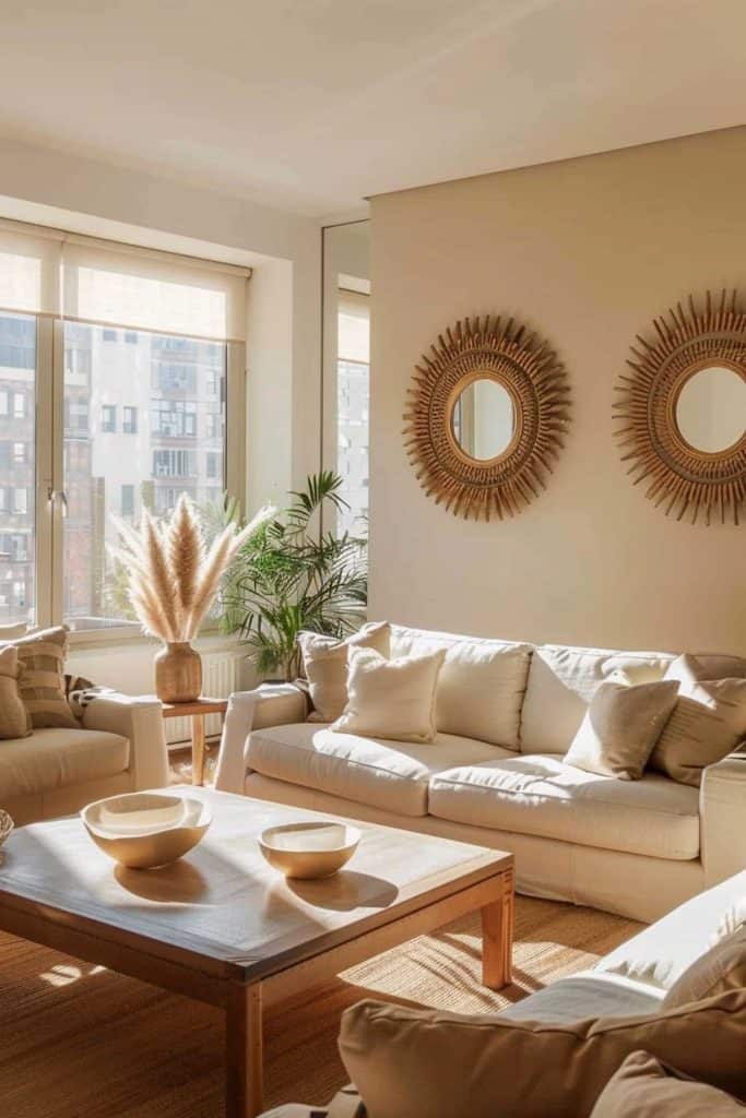 A mirror on beige wall and sofa and table and windows 