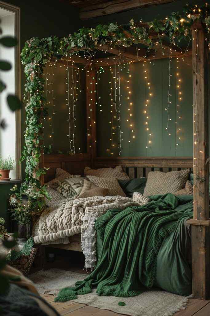 A green bedroom with hang fairy lights with faux planters