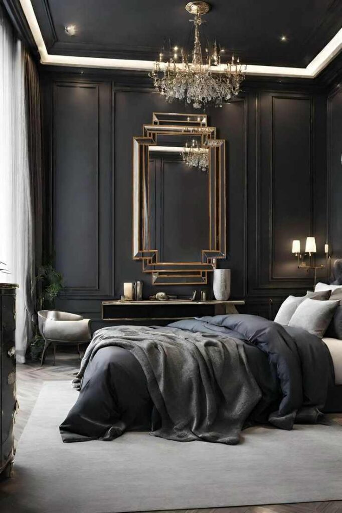 A bedroom with mirror on the wall wooden floor and rug 