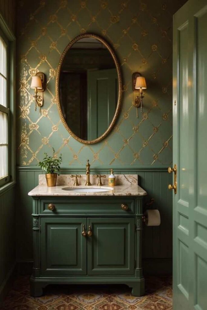 A green bathroom with gold mirror on the wall and green vanity