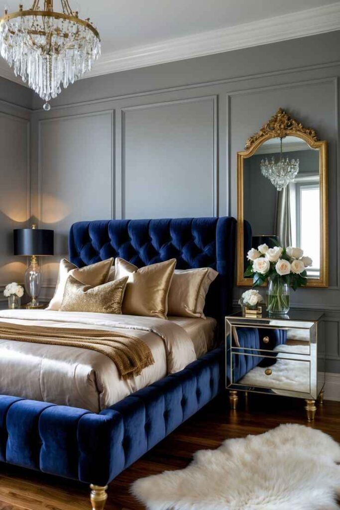 A grey bedroom with blue bed and hang gold framed mirror and wooden floor