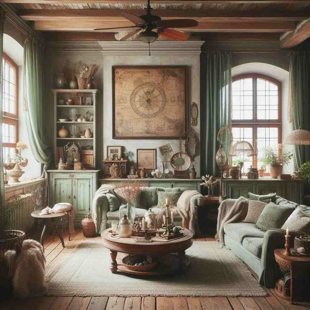 A sage green living room with vintage on living room