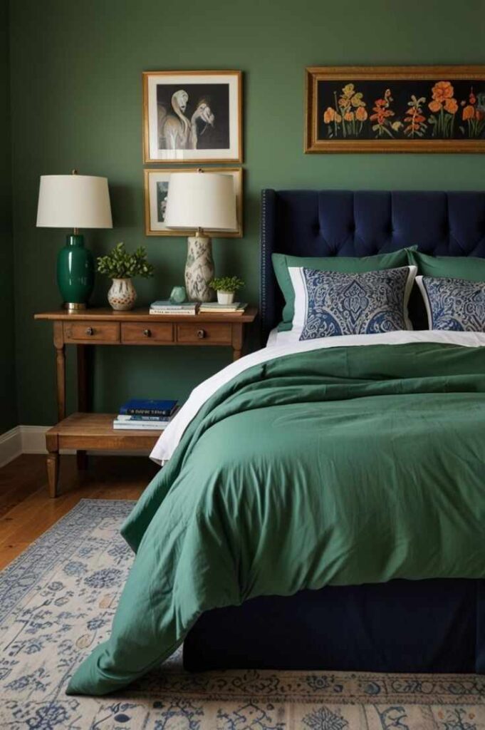 A olive green with blue bed and rug on the floor and wooden side table and lamp on it