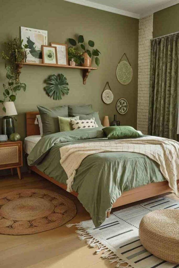 A sage green bedroom with hang plants and wooden floor
