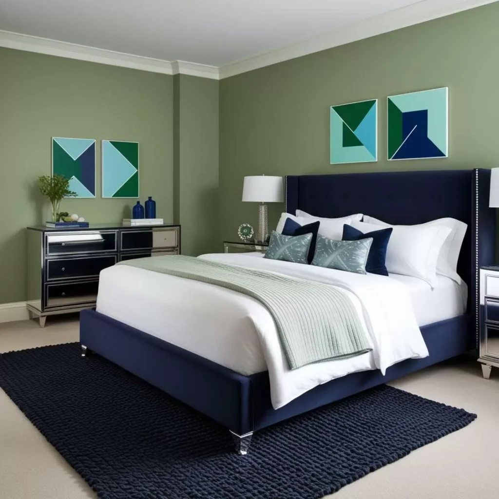 A sage green bedroom with blue accents and rug on the floor