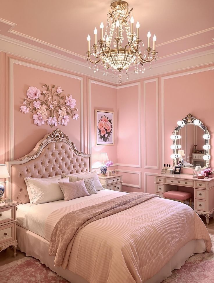 A pink bedroom with mirror and and pillow on the bed