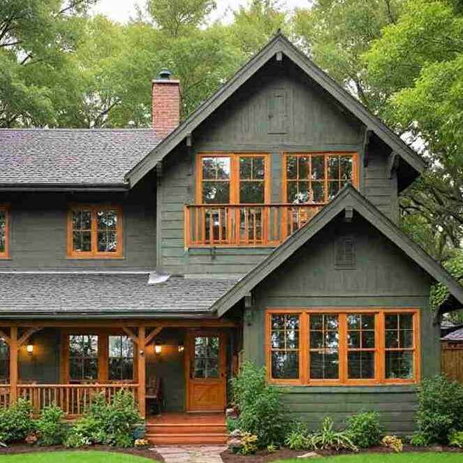 A green house with wooden framed windows and door and pillars and garden outside of the house 