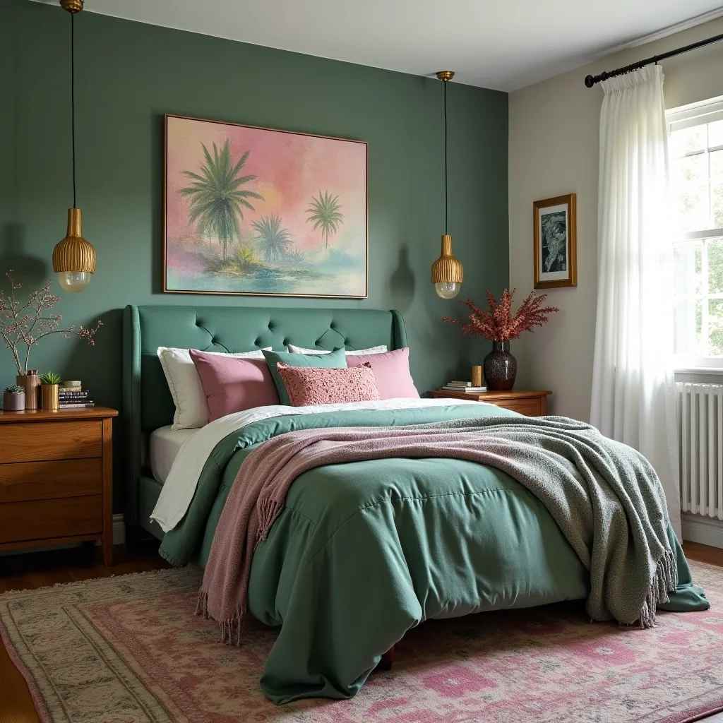 A green bedroom with pink accents and wooden floor with rug on it