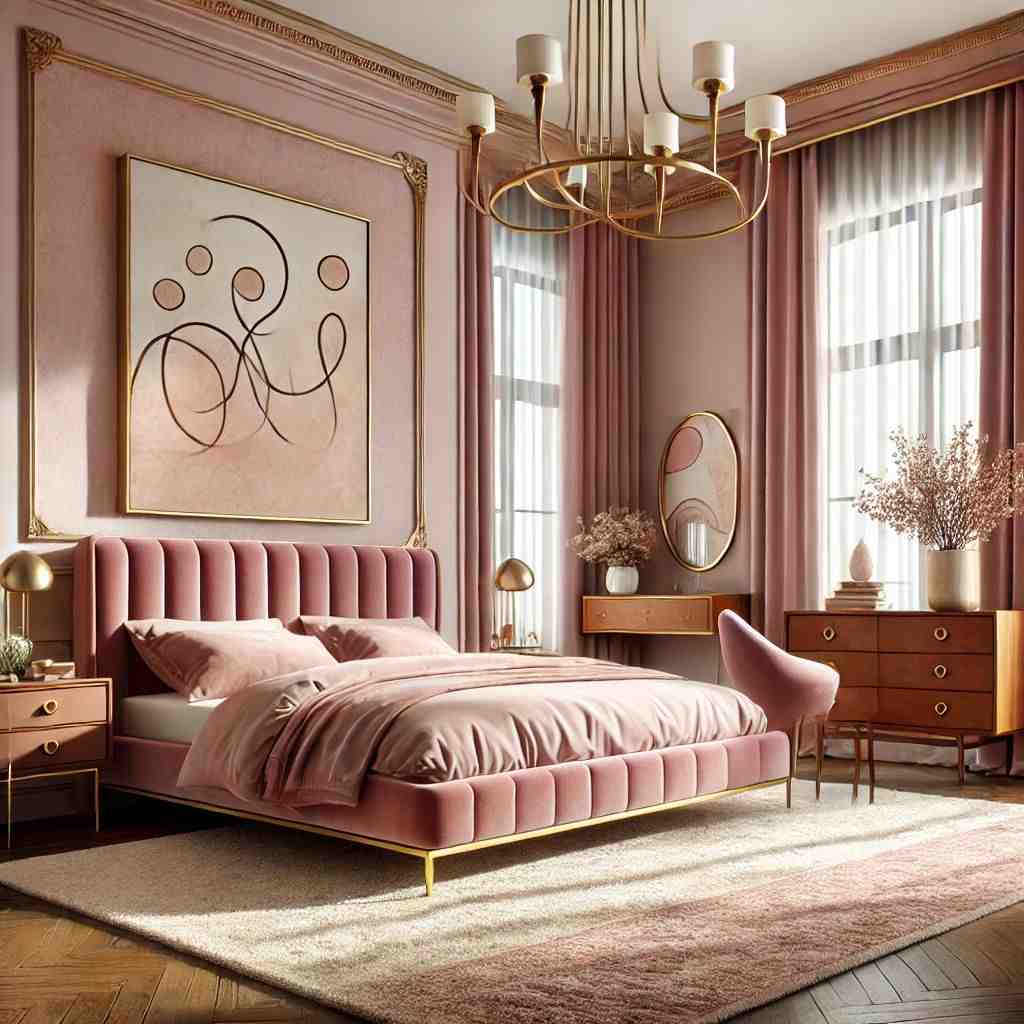 A pink bedroom with wooden vanity and vase on it and gold frame painting and rug