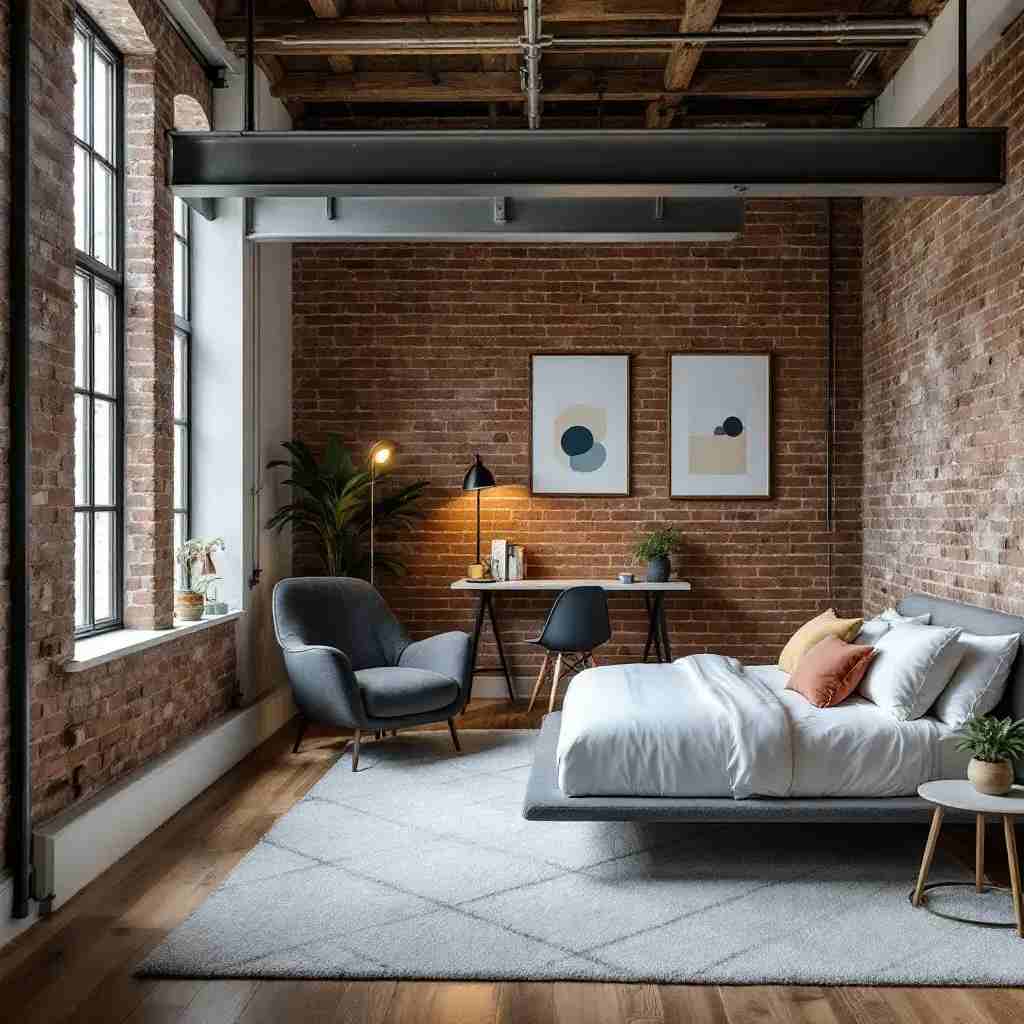 A industrial loft with exposed brick with wooden floor and rug on it