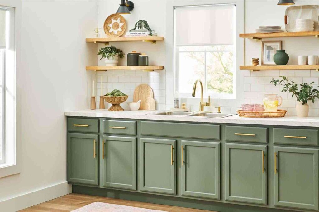 A sage green cabinets with brass fixtures with white courter top