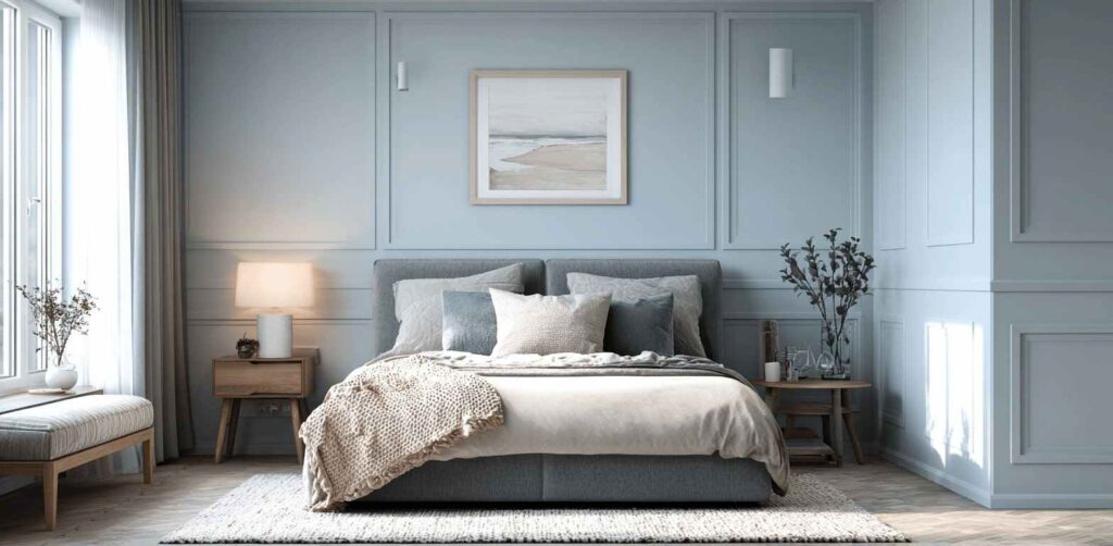 A light blue bedroom with grey bed and dimmer lights on the side table