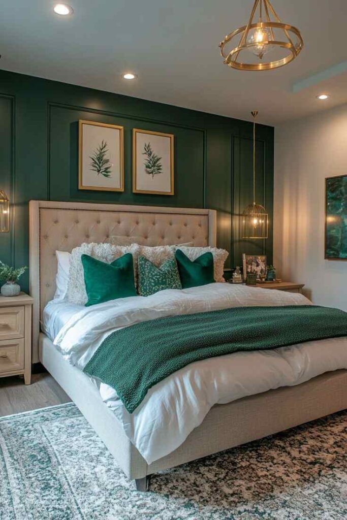 A olive green bedroom with gold fixtures and rug on the wooden floor