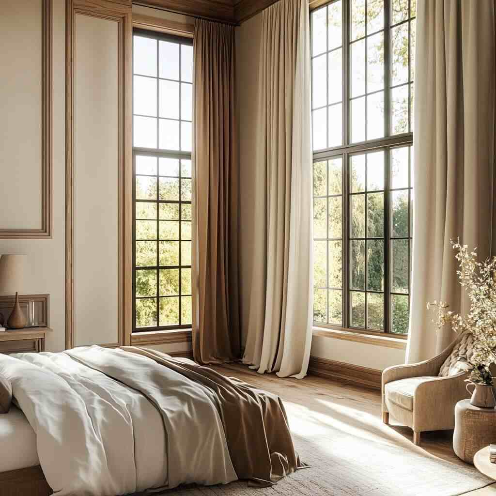 A bedroom with windows with curtains