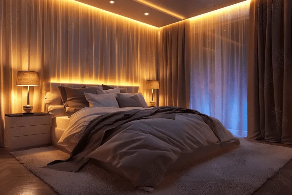 A bedroom with led strip and curtains and lamp on the nightstand