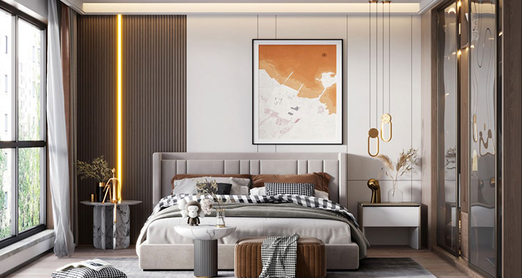 A wood panels wall in the bedroom with bed and wooden floor and painting on the wall