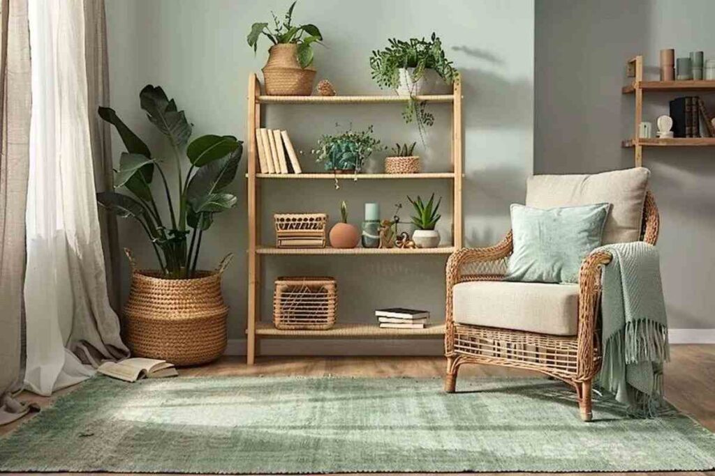 A sage green living room with wooden shelves and vase
