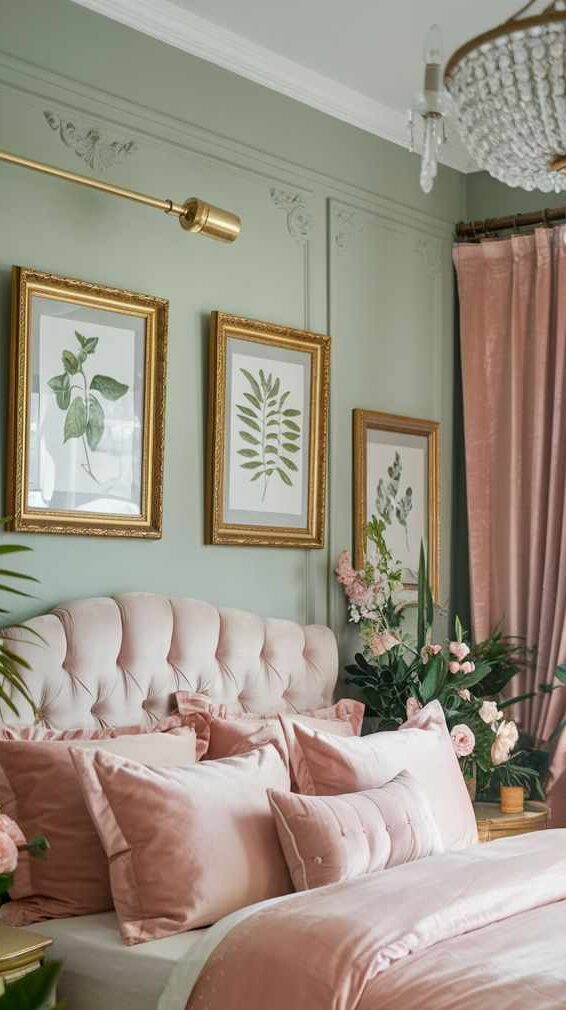 A pink and green bedroom with golden frames on the wall
