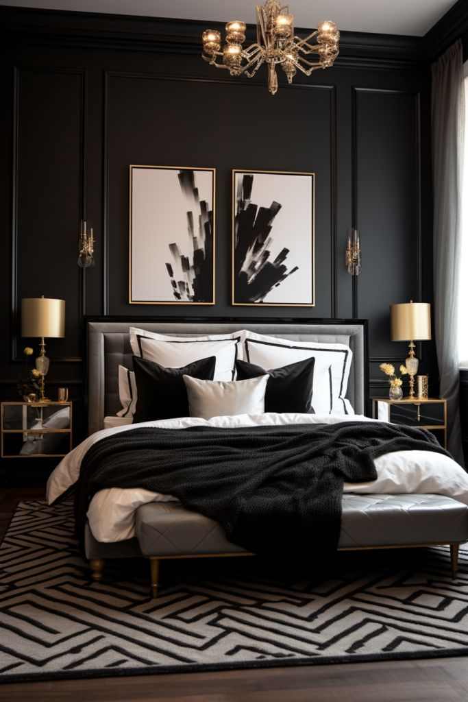 A bedroom with geomatic rug on the wooden floor lamp on the nightstand