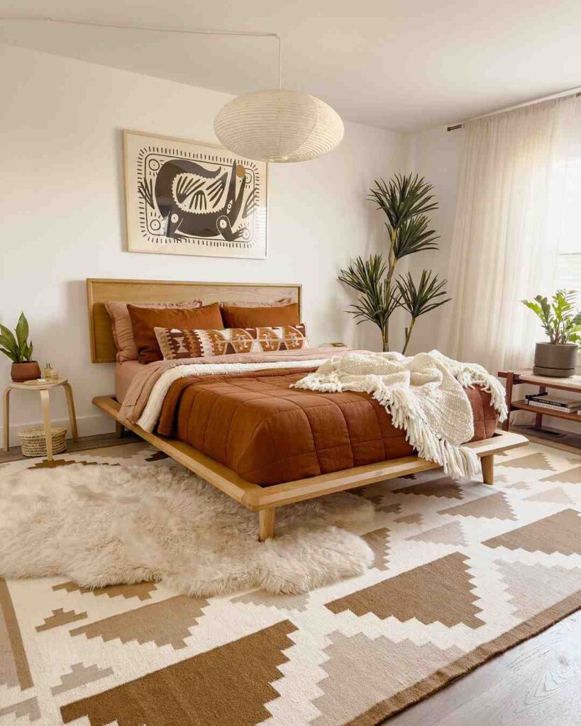 A bedroom with rug under the bed and side table