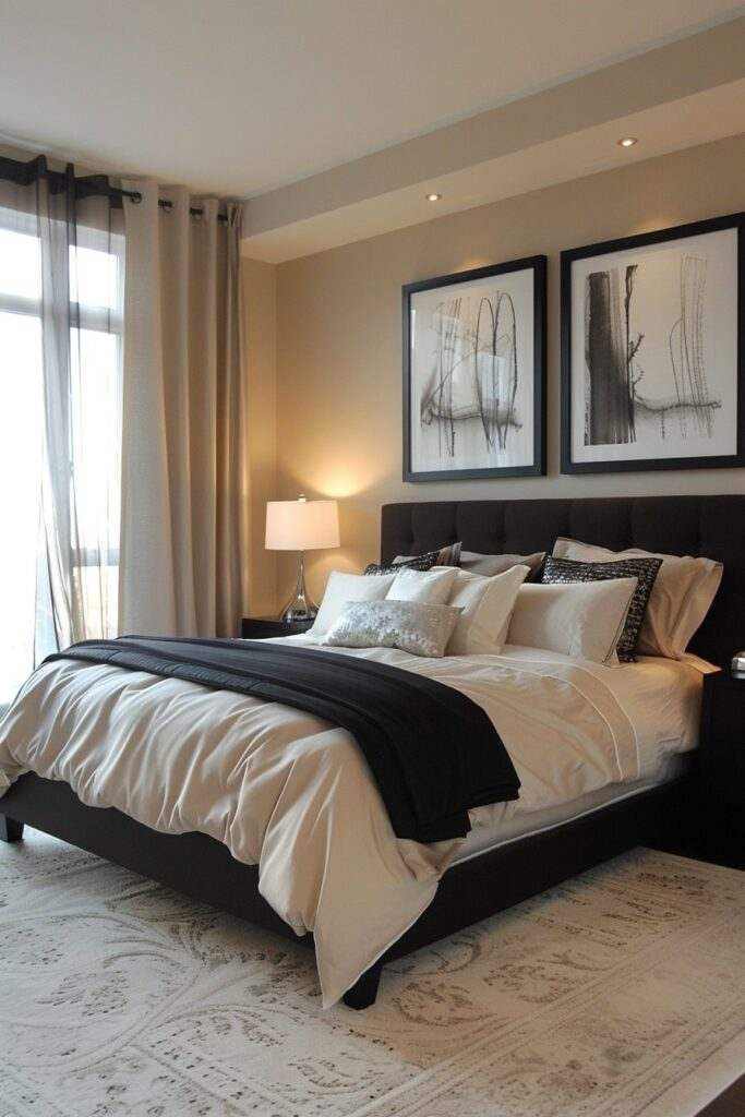 A beige with black bedding with cushion and white blanket and floor