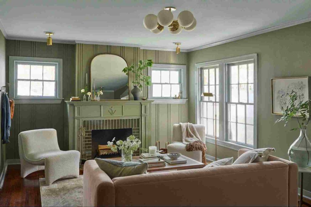 A sage green with grey celling and white chairs and sofa and white trim windows