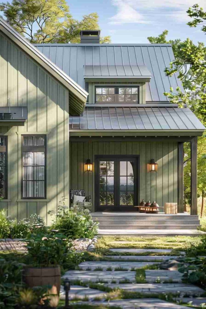 Ligth green home with black trim and stone pathway