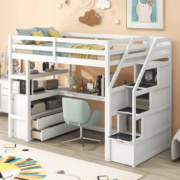 A bedroom with loft bed with built-in shelves with wooden floor and study table