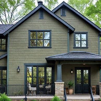A green house with black trim and windows 